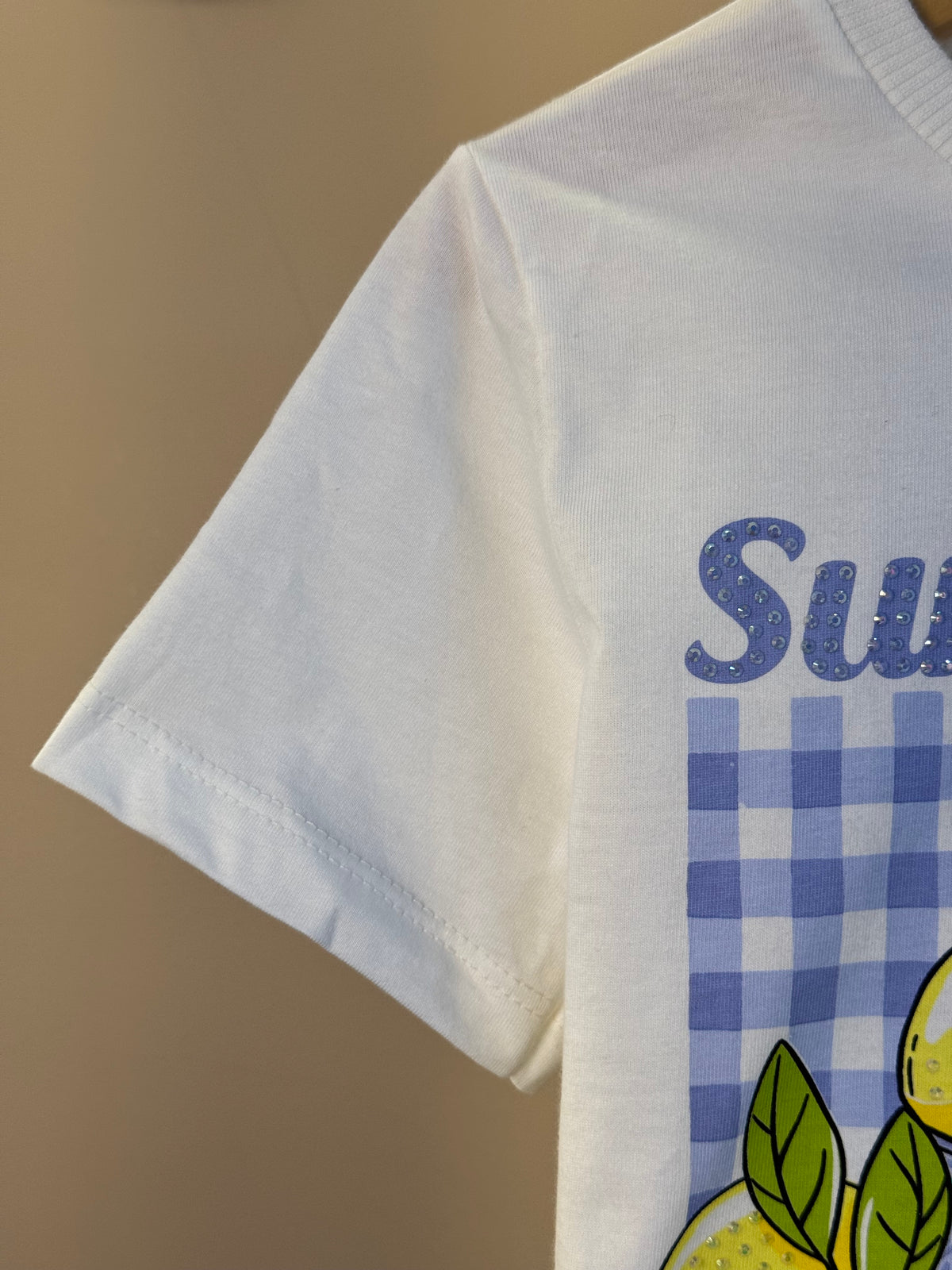 Conjunto Infantil Blusa Limões Com Strass e Shorts Saia Jeans Com Pregas - Momi