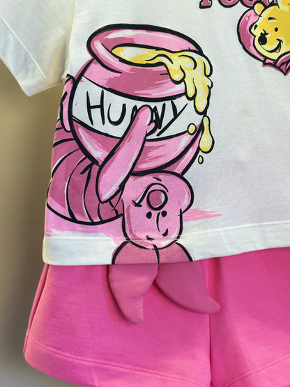 Conjunto Infantil Blusa Pooh Hunny Bege Vanilla e Shorts Rosa - Animê Petite