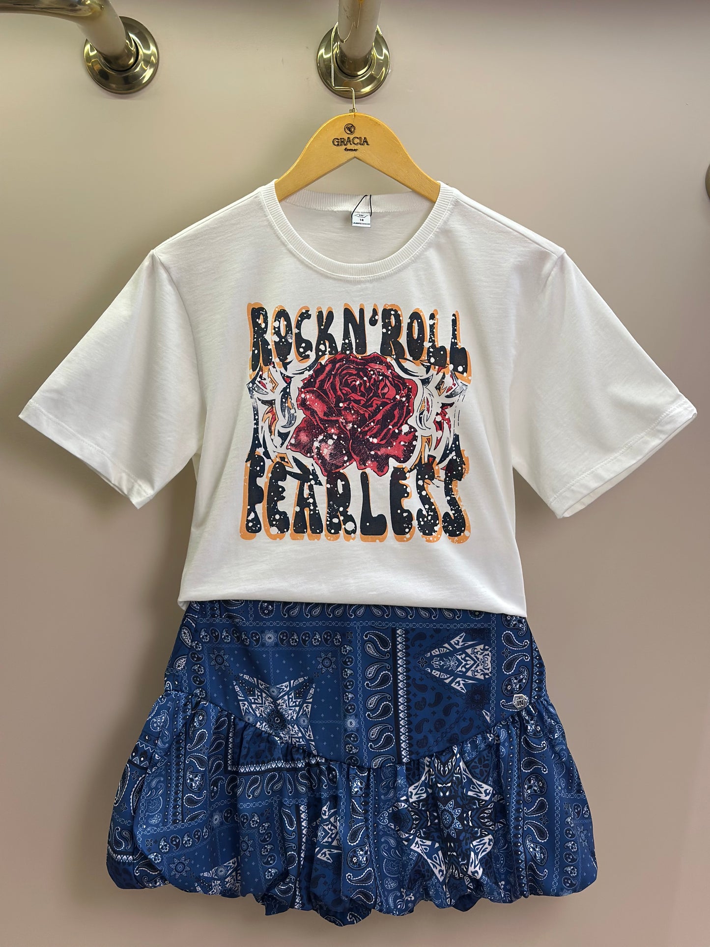 Conjunto Teen Camiseta Over e Saia Balonê Paisley Jeans - Two In