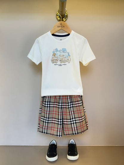 Conjunto Infantil Camiseta Urso e Bermuda Xadrez - Um Mais Um