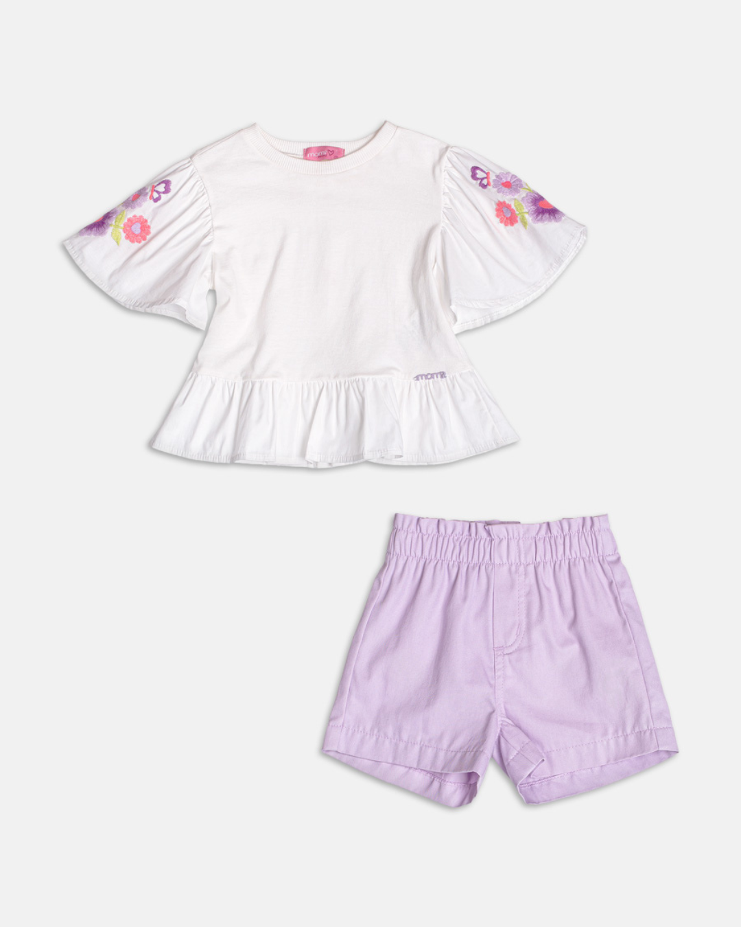 Conjunto Infantil Blusa Mangas Bordadas e Shorts Lilás - Momi