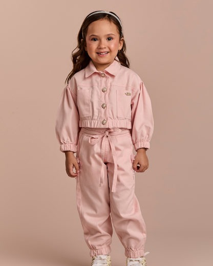 Conjunto Infantil Jaqueta Bomber e Calça Jogger Sarja Rosa - Gabriela Aquarela