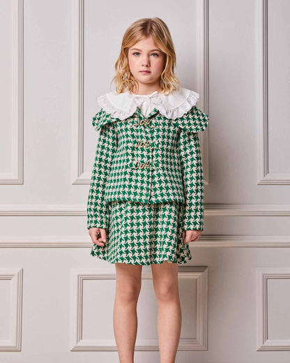 Conjunto Infantil Blusa Canelada Essentials e Saia Tweed Xadrez Verde -Animê