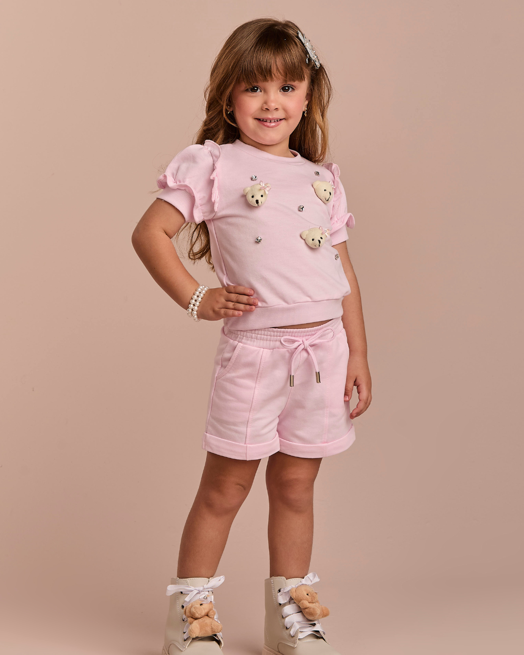 Conjunto Infantil Blusa e Short Comfy com Ursinhos Rosa - Gabriela Aquarela