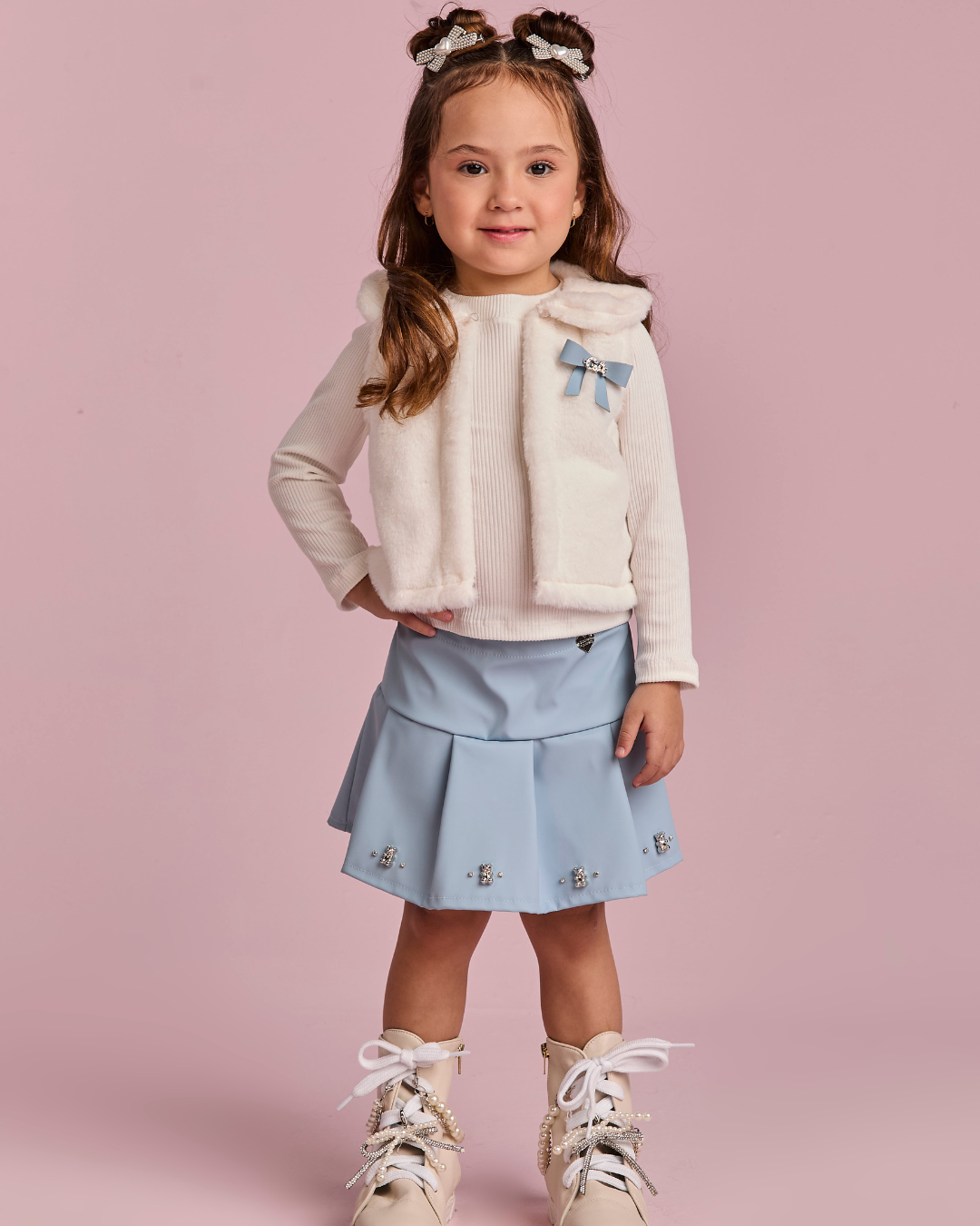 Conjunto infantil Blusa com Colete e Saia Like Leather Azul - Gabriela Aquarela