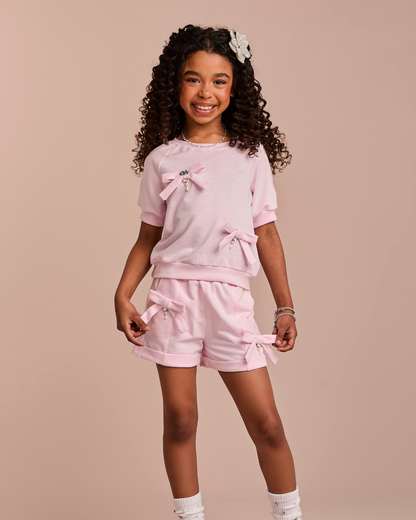 Conjunto Infantil Blusa e Shorts Comfy com Laços Rosa - Gabriela Aquarela