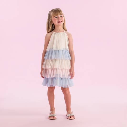 Vestido Infantil Festinha Tule Glitter Bege Degradê Cores - Petit Cherie PRÉ-VENDA
