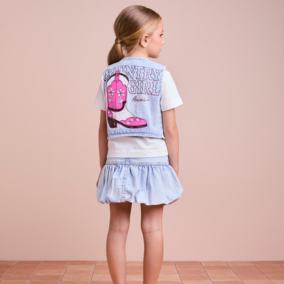 Conjunto Infantil Jeans Blusa Country, Colete Bota e Saia Balonê - Animê