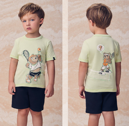 Conjunto Infantil Camiseta Ursinho Tenista e Bermuda Preta - Youccie
