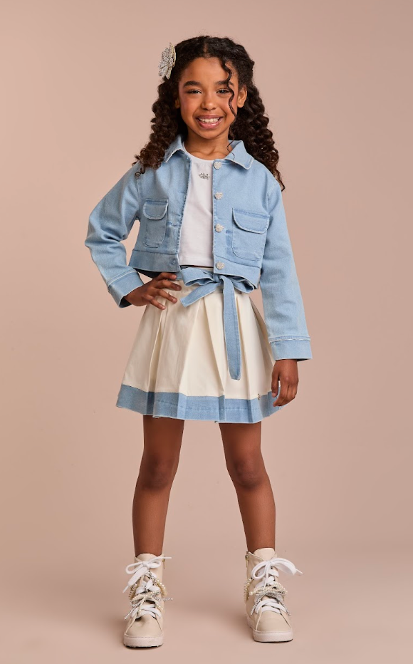 Conjunto Infantil Casaco Jeans e Saia de Pregas Branco - Gabriela Aquarela