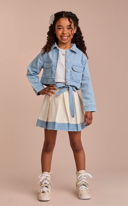 Conjunto Infantil Casaco Jeans e Saia de Pregas Branco - Gabriela Aquarela
