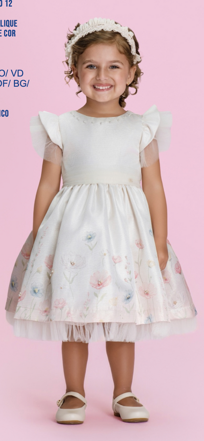 Vestido Infantil Festa Jacquard  Com Tule e Pérolas - Petit Cherie
