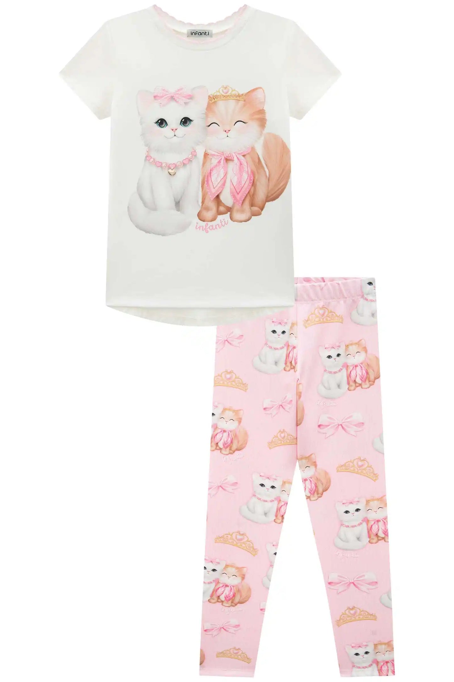 Conjunto Infantil Blusa Puppy And Kitten e Calça Estampada Rosa Claro - Infanti