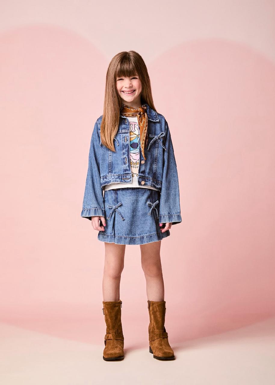 Conjunto Infantil Blusa Stitch com Franjas e Jaqueta Jeans Laços com Shorts Jeans com Laços - Momi