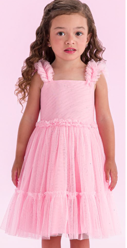 Vestido Infantil Festa Tule Glitter Rosa - Petit Cherie PRÉ-VENDA