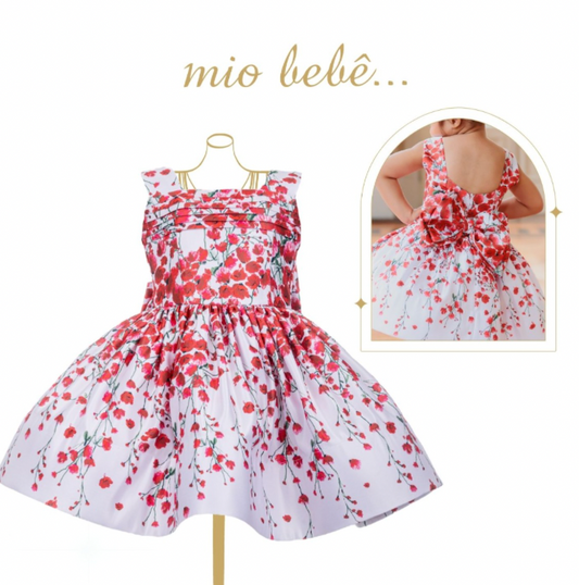 Vestido Pregas Flores Vermelhas - Mio Bebê