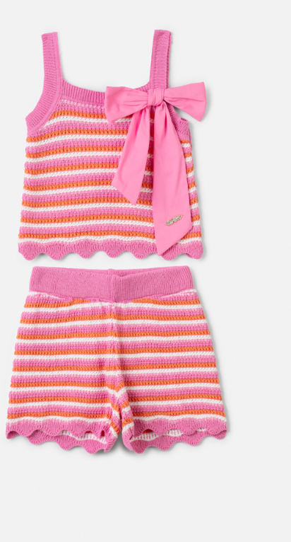 Conjunto Infantil Em Tricoline Listrado Blusa Laço Maxxi e Shorts Barra Andulada - Animê