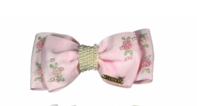 Presilha Infantil Laço Rosa Bordado Flores e Miolo Pérolas- Roana