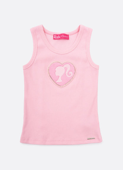 Conjunto Infantil Regata Patche Coração Barbie e Saia Sarja Pregas Patche Barbie Rosa Romântico - Pituchinhus