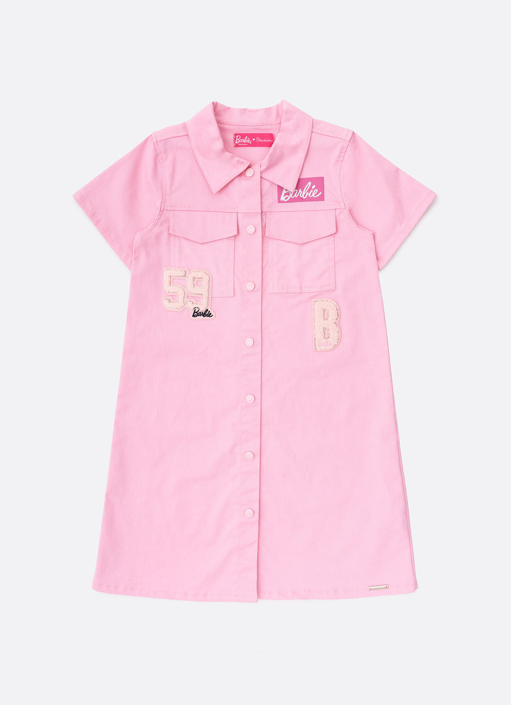 Vestido Infantil Sarja Bolsos Patches Barbie Rosa Romântico - Pituchinhus