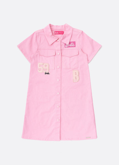 Vestido Infantil Sarja Bolsos Patches Barbie Rosa Romântico - Pituchinhus