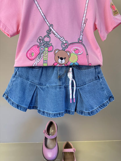 Conjunto Infantil Blusa Chaveiro Com Strass e Saia Jeans Pregas Com Pingente - Momi