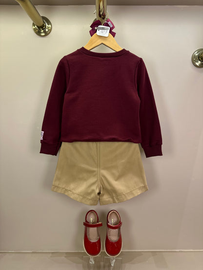 Conjunto Infantil Feminino Casaco Moletom Pooh Cranberry Juice com Saia Sarja de Pregas Bege Escuro Casual - Momi