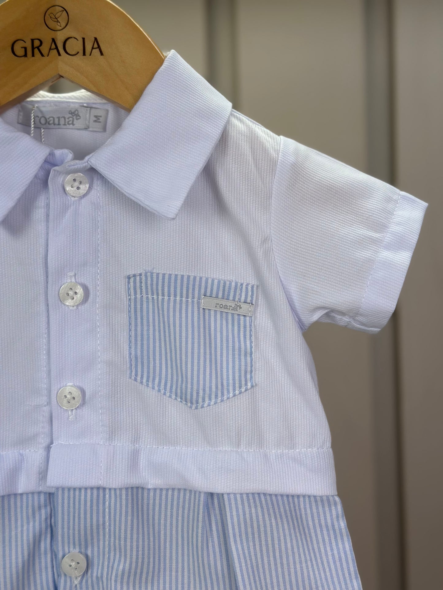 Macaquinho Bebê Botões & Bolso Branco com Listras Azul - Roana