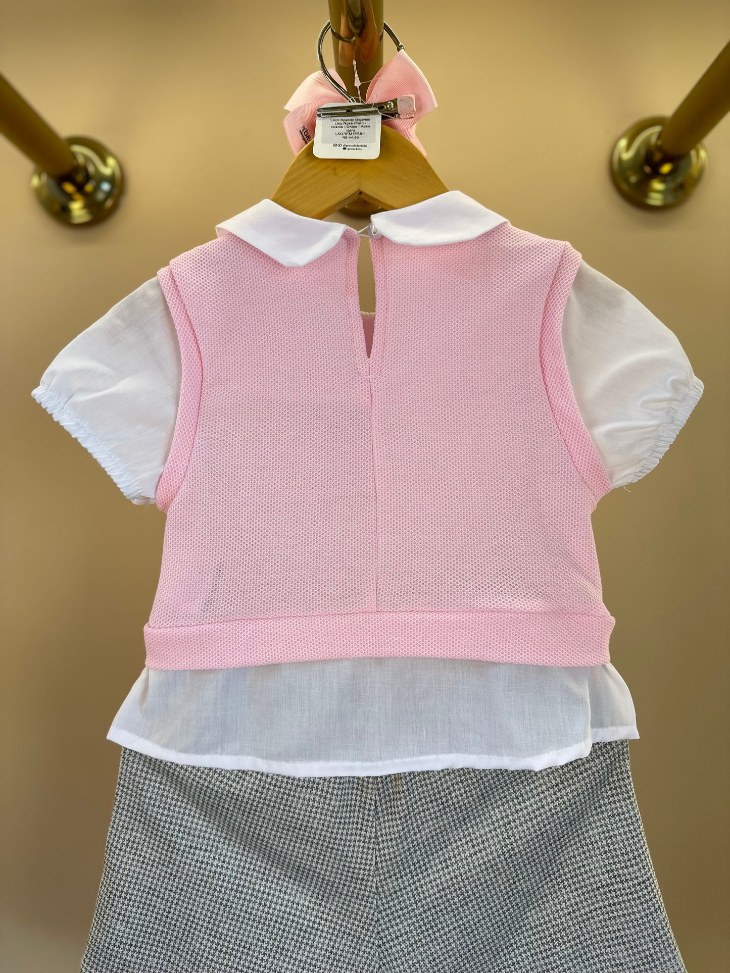 Conjunto Infantil Blusa MC com Tricot Rosa e Saia Pregas Ursinhos - Gabriela Aquarela
