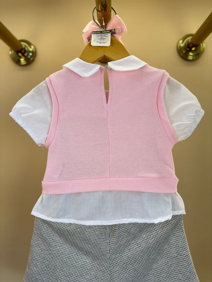 Conjunto Infantil Blusa MC com Tricot Rosa e Saia Pregas Ursinhos - Gabriela Aquarela
