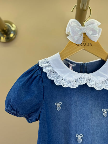 Vestido Infantil Jeans Gola Babadinho Bordado Laço - Gabriela Aquarela