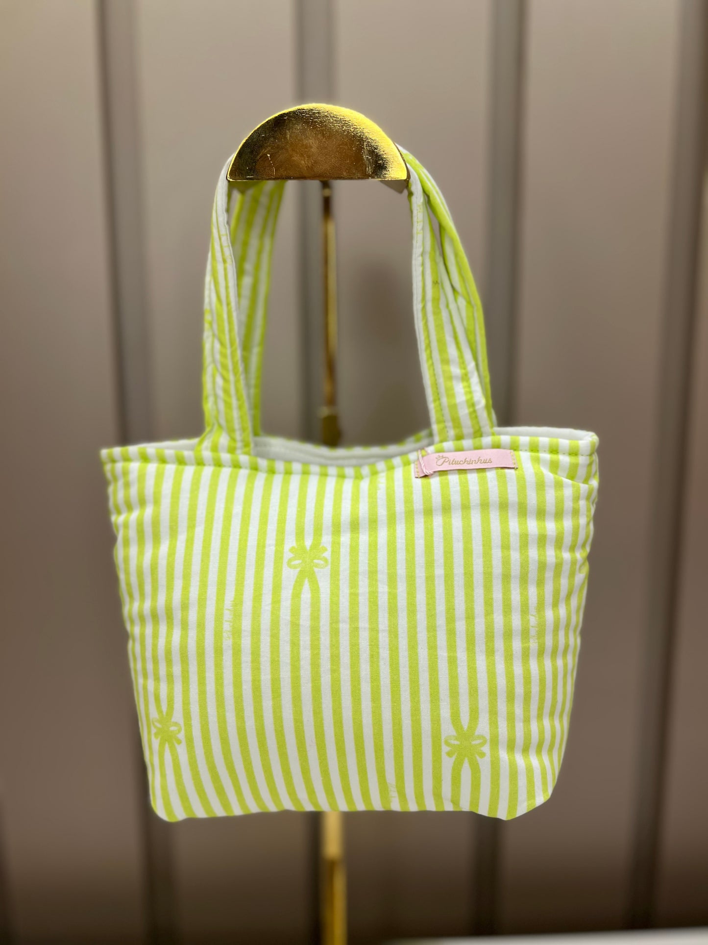 Bolsa Infantil Algodão Laço Puffer e Listras Verdes - Pituchinhus