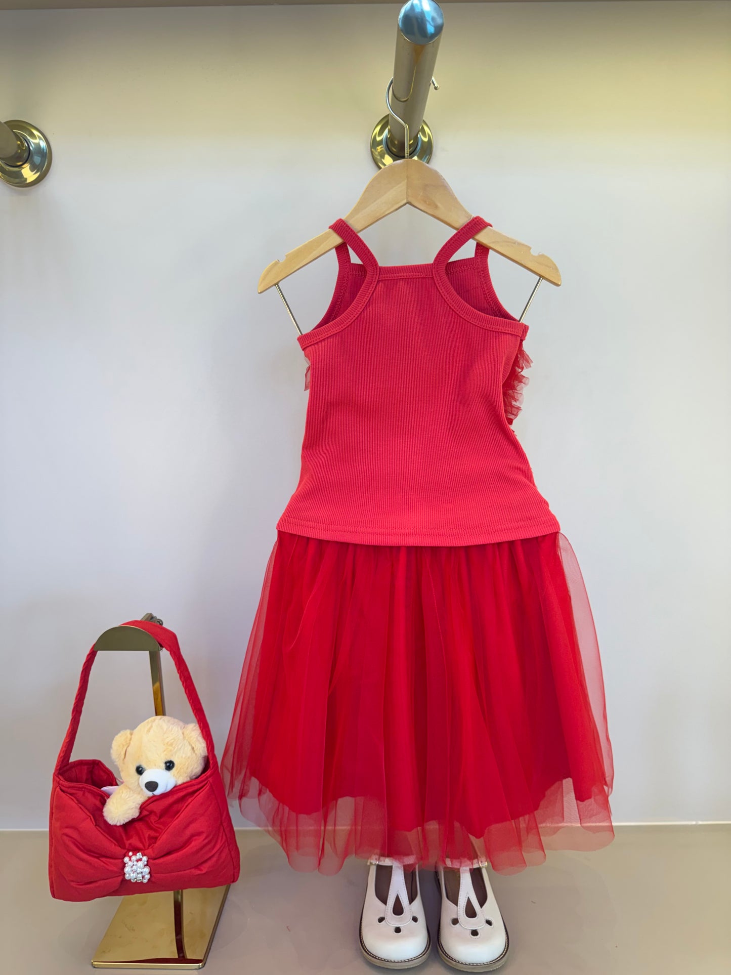 Conjunto Infantil Blusa Tule Frufru e Saia Midi Lacinhos Bordados - Pituchinhus