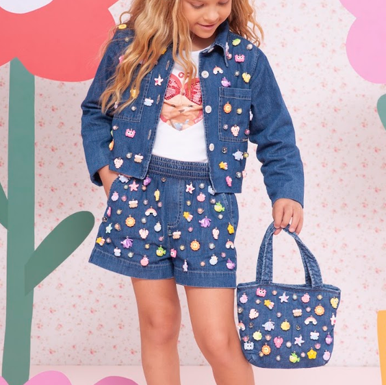 Conjunto Infantil Blusa Branca de Alça Short Jaqueta e Bolsa Puffer Jeans Multi Charmes - Pituchinhus