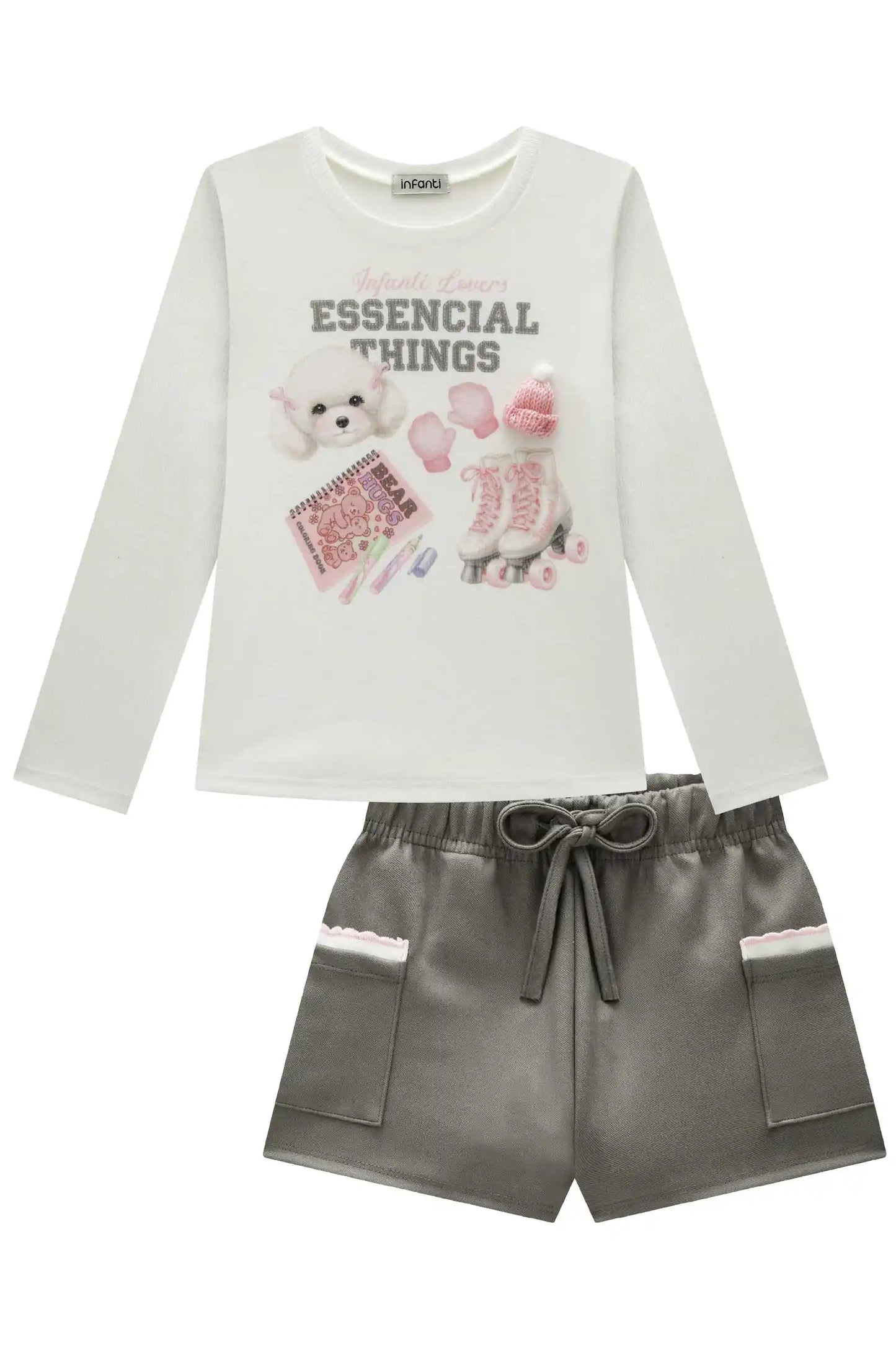 Conjunto Infantil Blusa ML Essential Things e Shorts Cinza Claro - Infanti