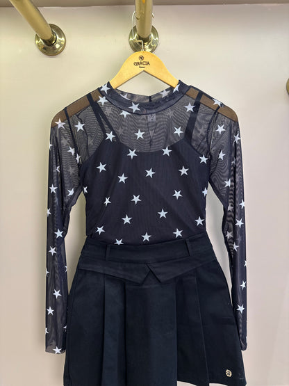 Conjunto Teen Blusa ML Tule Estrelas e Saia Sarja com Pregas Preta - Two In