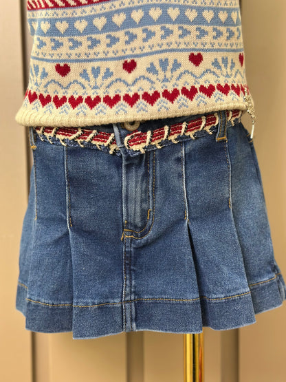 Conjunto Infantil Conceito Colete Tricot Corações e Shorts-saia Jeans Cós Bordado - Animê