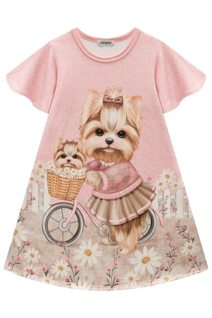 Vestido Infantil Algodão Fress Puppy On A Bike Rosa - Infanti