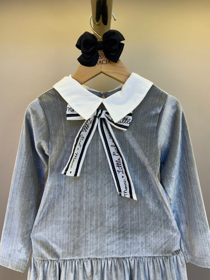 Vestido Infantil Gola Laço Plush Prata - Momi