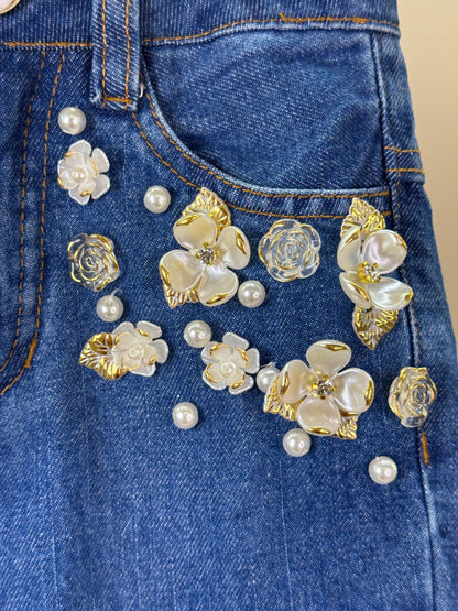 Calça Infantil Bordada Flores Brancas Jeans - Luluzinha