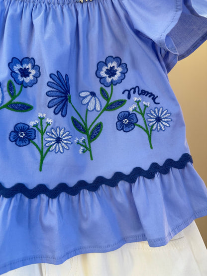 Conjunto Infantil Bata Ombro à Ombro Bordado Floral e Shorts Cós Elástico - Momi