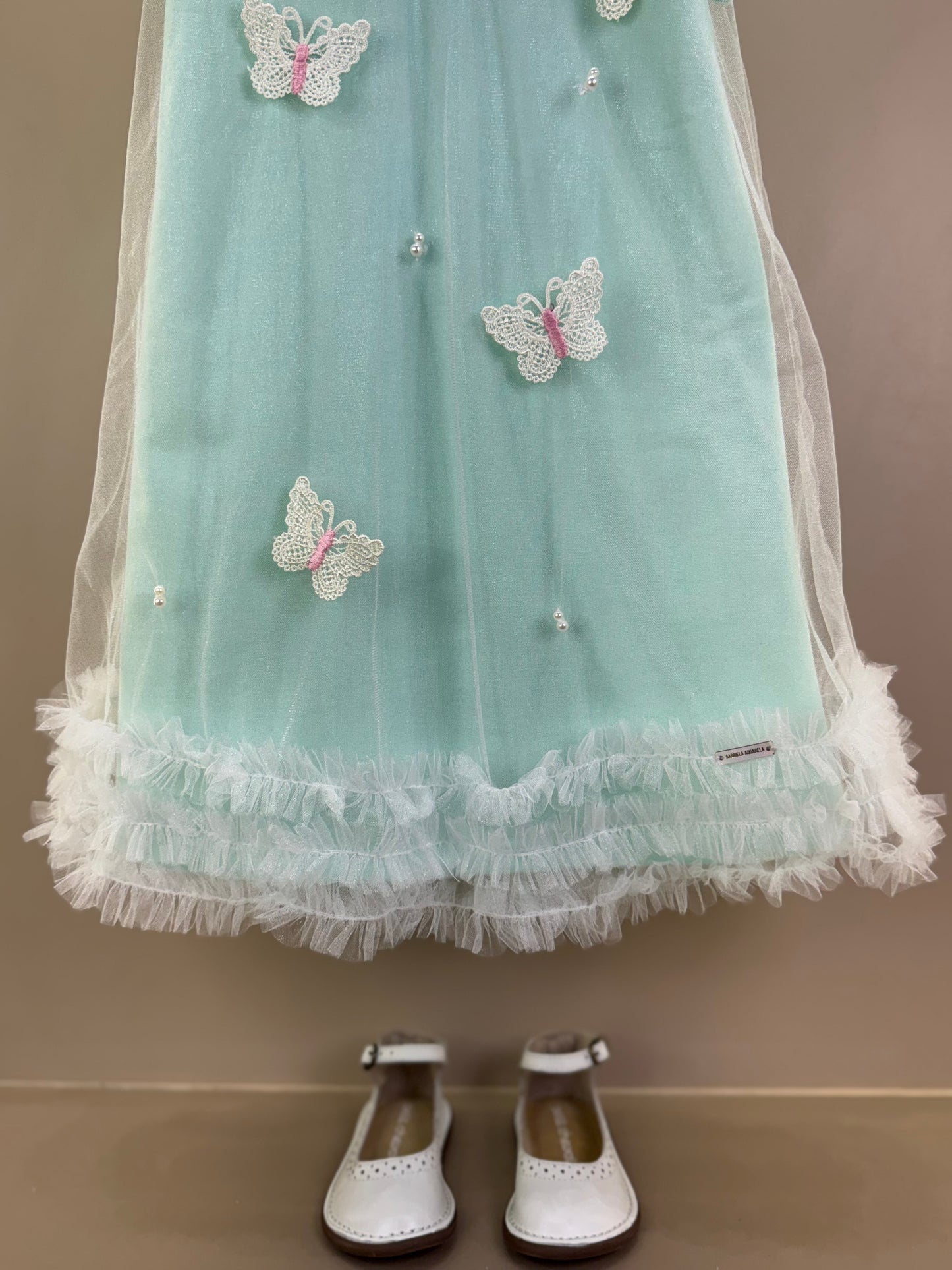 Vestido Infantil Turquesa De Tule Com Borboletas Verde - Gabriela Aquarela