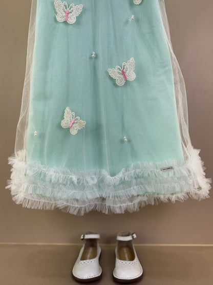 Vestido Infantil Turquesa De Tule Com Borboletas Verde - Gabriela Aquarela