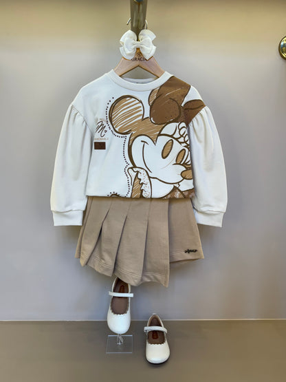 Conjunto Infantil  Casaco Moletom Minnie Paisley Laço Strass e Saia-Short com Pregas - Animê