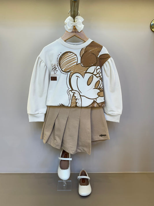 Conjunto Infantil  Casaco Moletom Minnie Paisley Laço Strass e Saia-Short com Pregas - Animê