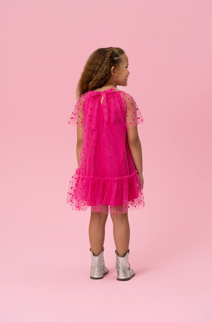Vestido Infantil Trapézio Tule Corações Pink - Mon Sucré