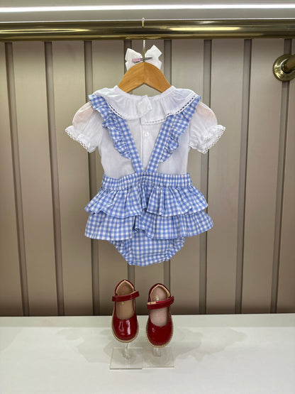 Jardineira Bebê Clássica Xadrez Azul Body Branco Golinha - Roana