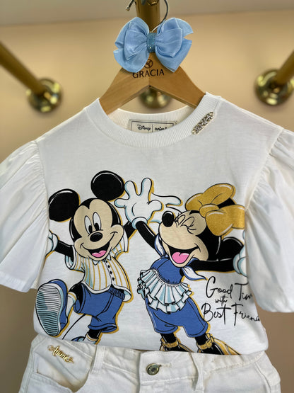 Conjunto Infantil Blusa Mickey e Minnie Good Times e Shorts Off White - Animê