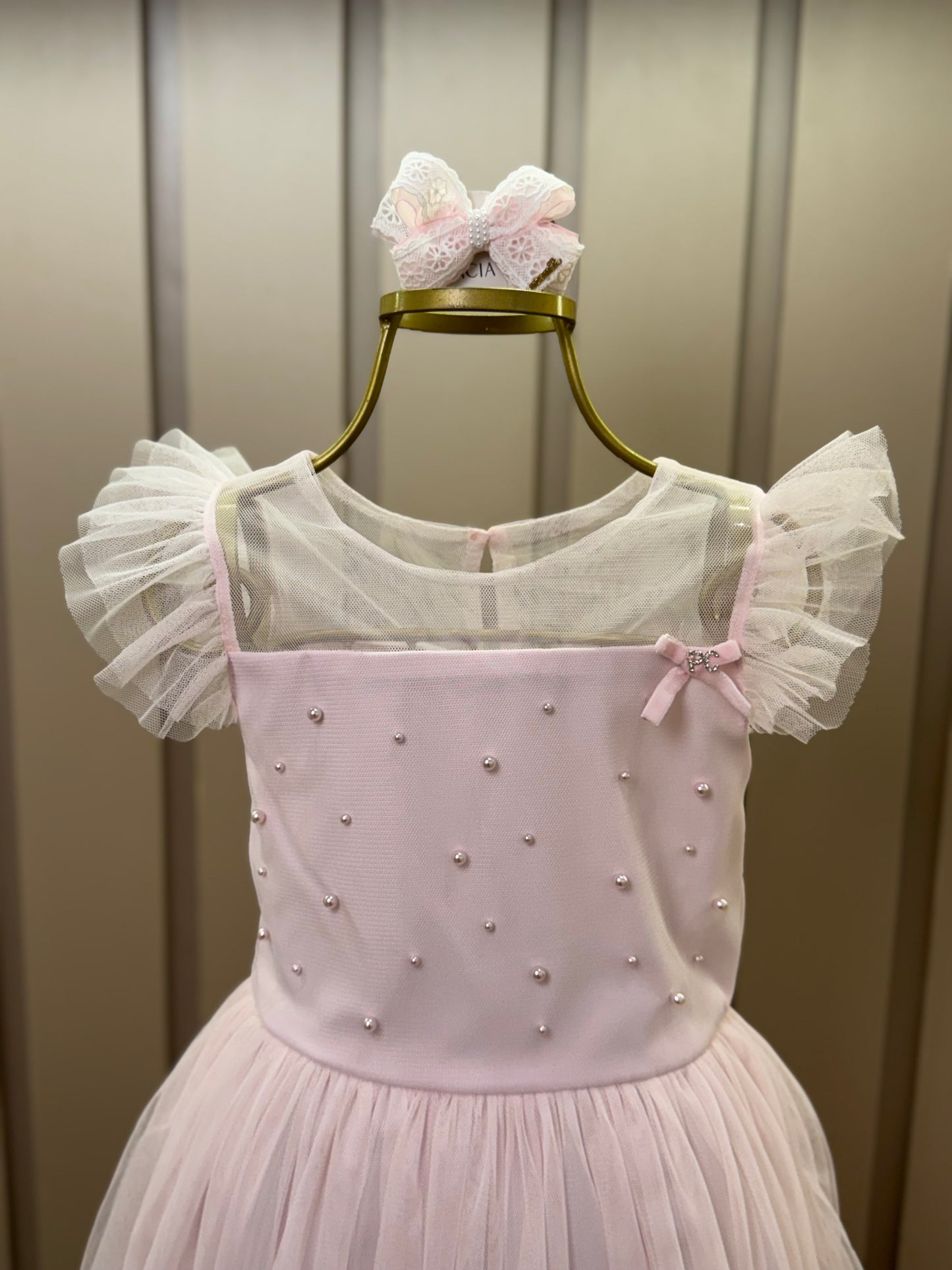 Vestido Infantil Festa Tule Poly Mesh Pérolas e Lacinho Aplicado Rosa - Petit Cherie
