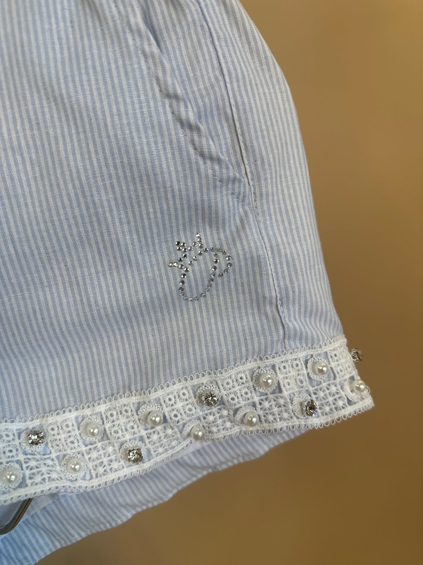 Conjunto Infantil Blusa e Shorts Algodão Listrado Renda Bordada - Pituchinhus